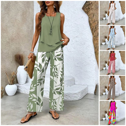 🌺 ¡Conjunto de dos piezas con estampado de moda para mujer – Combinación de camiseta sin mangas y pantalones!"