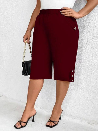 Pantalones elegantes de talla grande, color liso, cintura elástica, corte ajustado, 7/8, bolsillos inclinados, cómodos y elásticos para mujer.