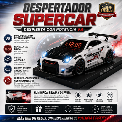 Despiértate con el rugido de un motor V8 🏎️ Despertador con diseño de coche deportivo y función de humidificador