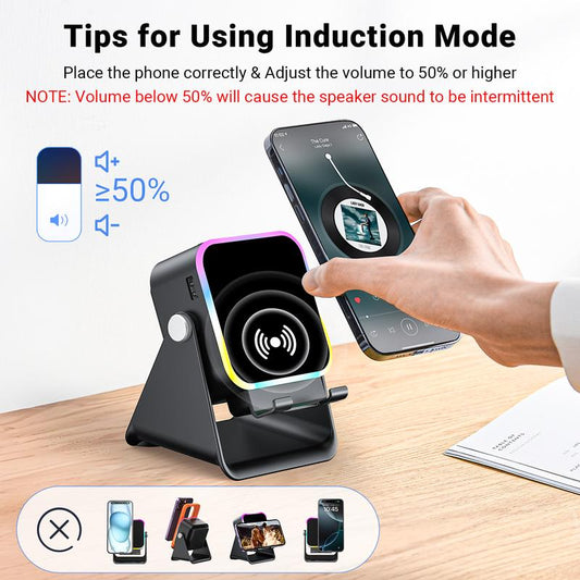 Altavoz Bluetooth Inalámbrico 5 en 1 con Carga Inductiva y Soporte Ajustable para Teléfono