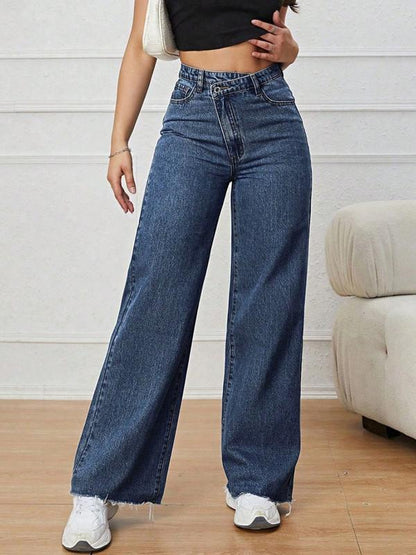 Jeans vintage ultralargos para mujer, diseño de bolsillo diagonal con botones, corte recto, pierna ancha, holgados, cintura alta, para todas las estaciones.