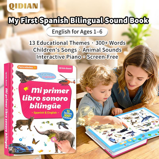 Juguete educativo interactivo en español para niños de 1 a 6 años, libro de sonidos bilingüe para el aprendizaje temprano del idioma, juguete educativo interactivo con más de 300 palabras y 13 temas, idea de regalo perfecta para niños pequeños.
