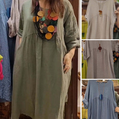VENTA DE ÚLTIMO DÍA 60% DE DESCUENTO 💃 Vestido suelto de mujer de color sólido con cuello redondo, manga siete cuartos y bolsillos
