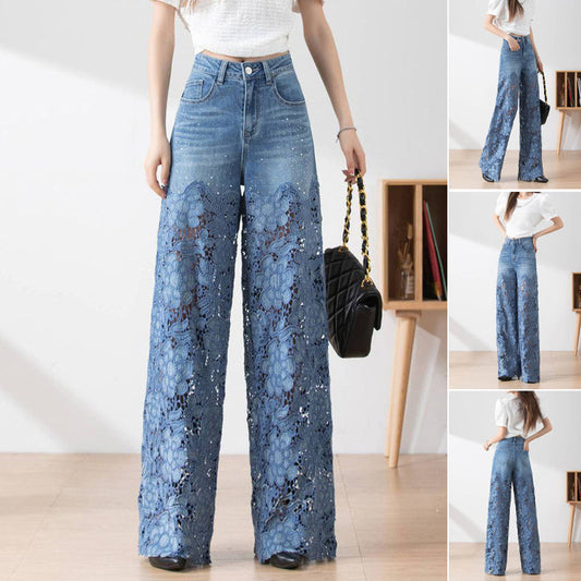 🔥 Venta de verano🔥 Pantalones de pierna ancha de mezclilla azul de cintura alta para mujer (paneles de encaje ahuecados