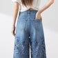 🔥 Venta de verano🔥 Pantalones de pierna ancha de mezclilla azul de cintura alta para mujer (paneles de encaje ahuecados