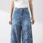 🔥 Venta de verano🔥 Pantalones de pierna ancha de mezclilla azul de cintura alta para mujer (paneles de encaje ahuecados