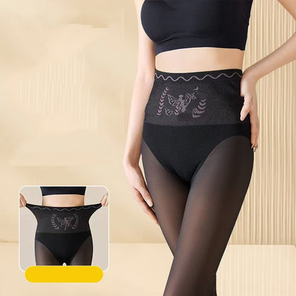 Medias transparentes de cintura alta con forro de felpa para mujer que controlan el abdome