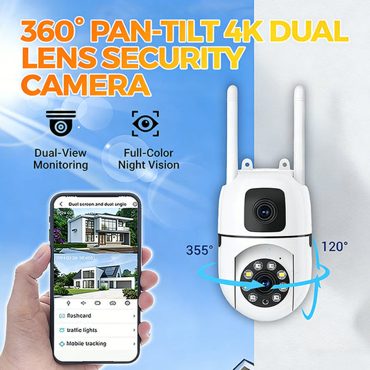 🎞️Cámara de seguridad con doble lente 4K,📹 giro e inclinación de 360°: cámara de vigilancia WiFi para exteriores
