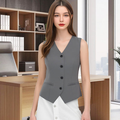 Elegante chaleco de mujer con cuello en V y botones en la parte delantera.