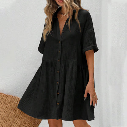 Vestido midi de manga corta con cuello de camisa y botone
