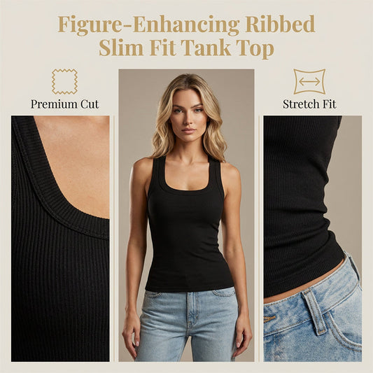 Camiseta sin mangas ajustada de cuello en U acanalada para mujer