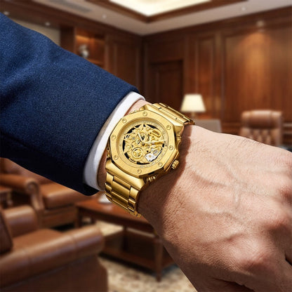 Men's Skeleton Dial Quartz Watch with Rhinestone Accents