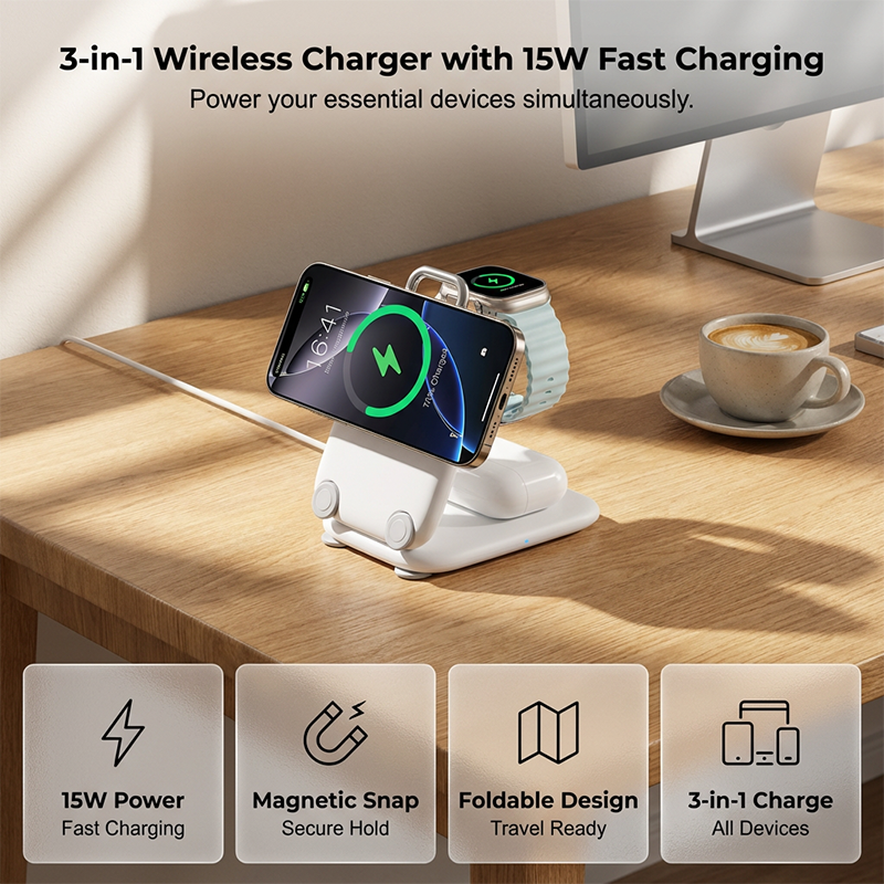 Cargador Inalámbrico Magnético Plegable 3 en 1 - imagen 1