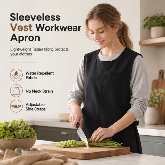 Chaleco-delantal de cocina impermeable y resistente al aceite; prenda de trabajo transpirable y sin mangas para hostelería y servicios de alimentación.