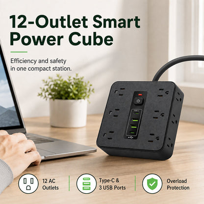 🔌 Regleta de 12 Tomas con 4 Puertos USB y Cable de 2 m